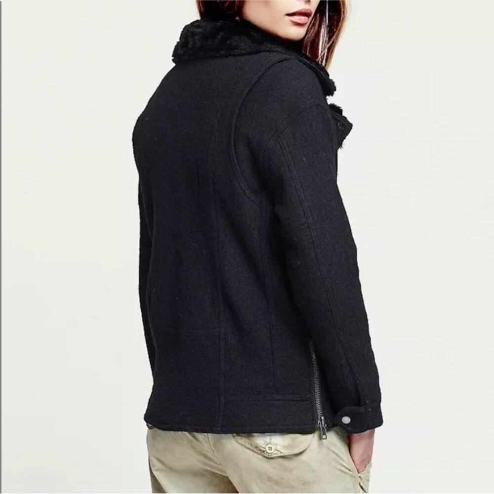 Free People Black Simple Salute Wool Faux Fur Collar Moto Military Jacket S - Picture 5 of 16